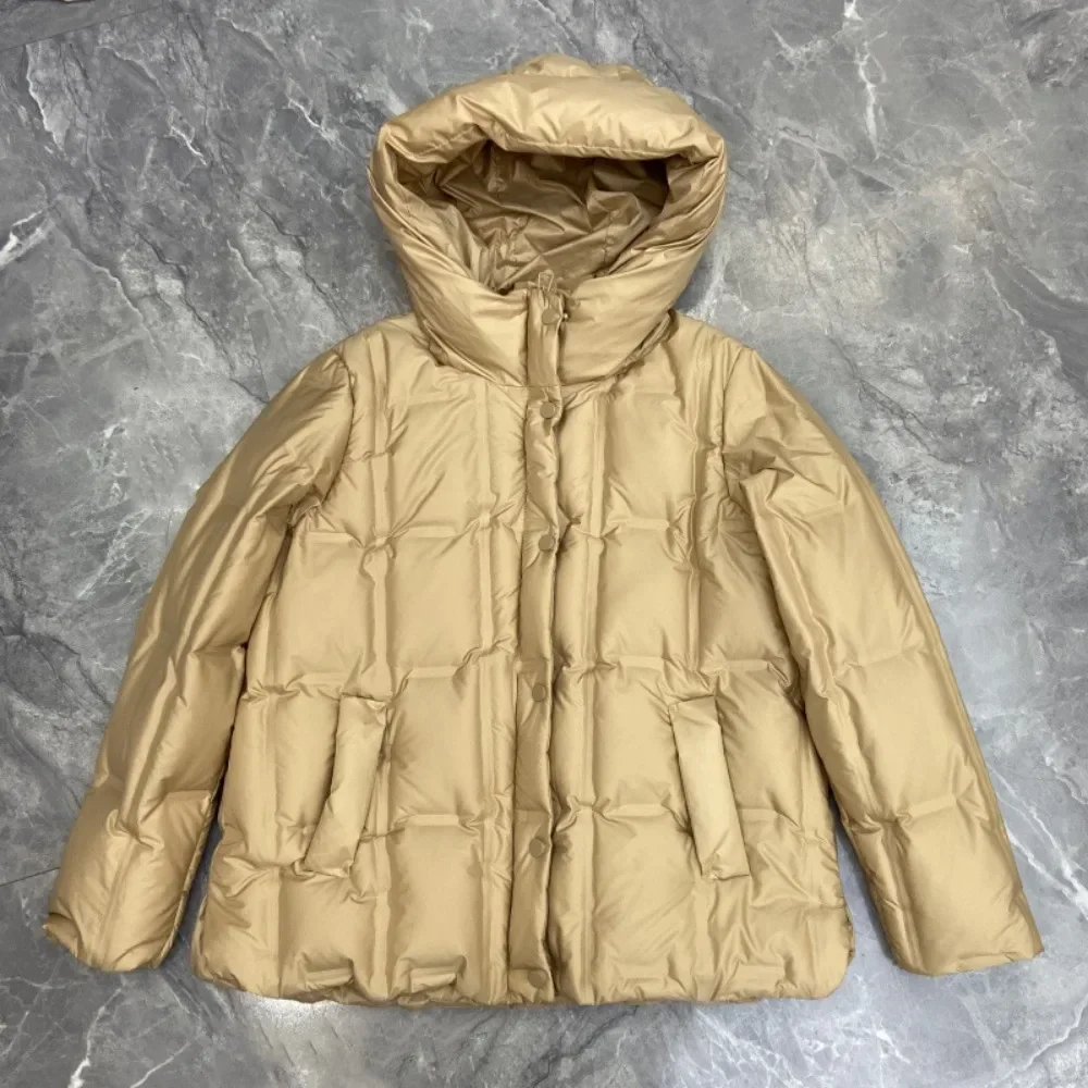 

White Duck Down Jacket Women Lightweight Hooded Simple Casual Down Coat Female Office Lady Zipper Button 2024 New Winter Fashion
