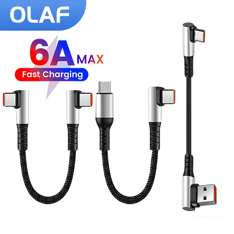 25CM 50CM Short USB C Cable 6A Double Elbow USB C To Type C Fast Charging Cable Power Bank Wire For iPhone 15 USB Type C Cable