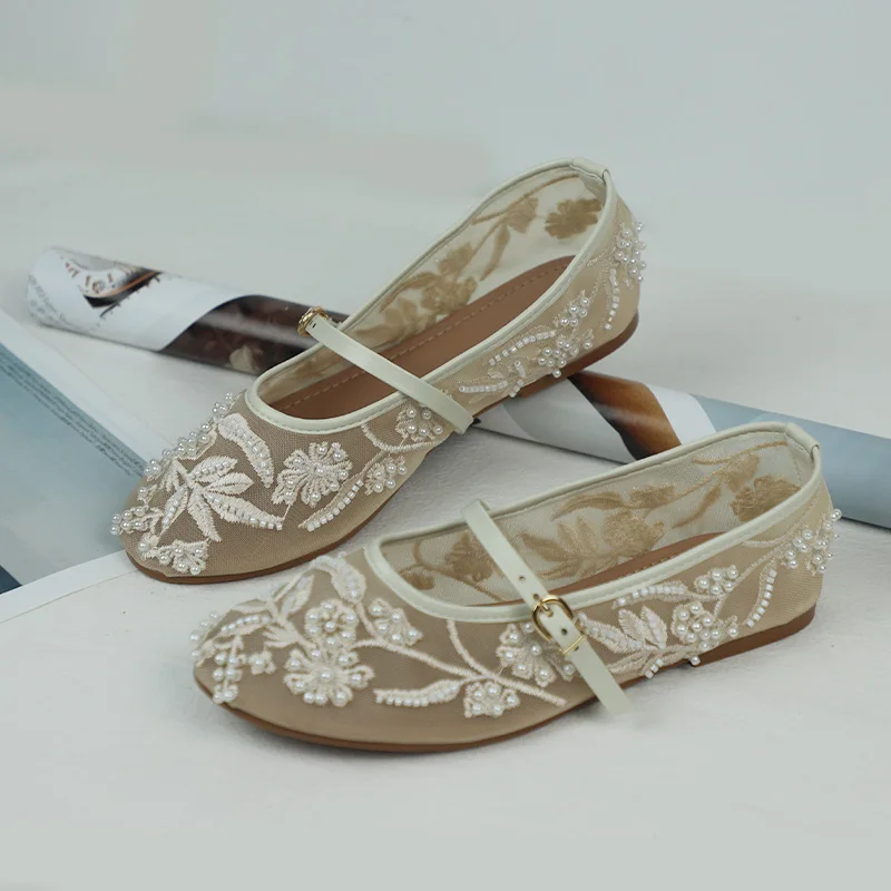 

2025 Round Toe Women Ballet Flats Floral Mesh Embroidery Casual Comfortable Light Brand Design String Bead Lady Mary Jane Shoes