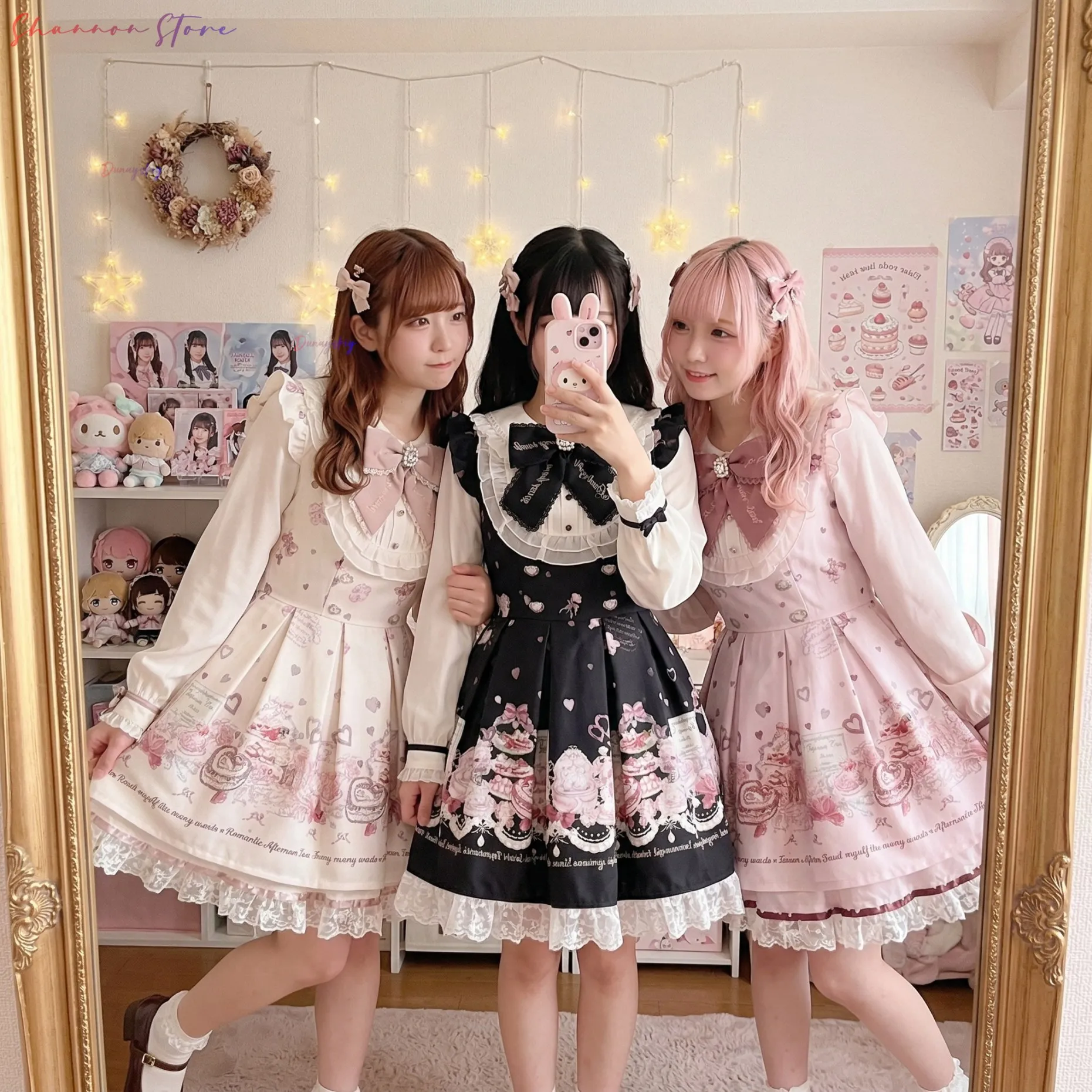 

Японское платье в стиле Лолита для женщин, комплект с шортами и бантом, милое винтажное платье с длинными рукавами и принтом, наряд для вечеринки, кавайный косплей, одежда в стиле Y2K