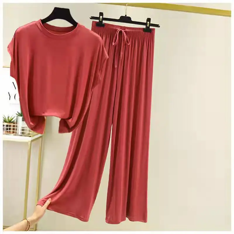 Modal Loose Homewear set O-neck Tshirts short sleeves and Wide leg pants Casual streetwear suit all match