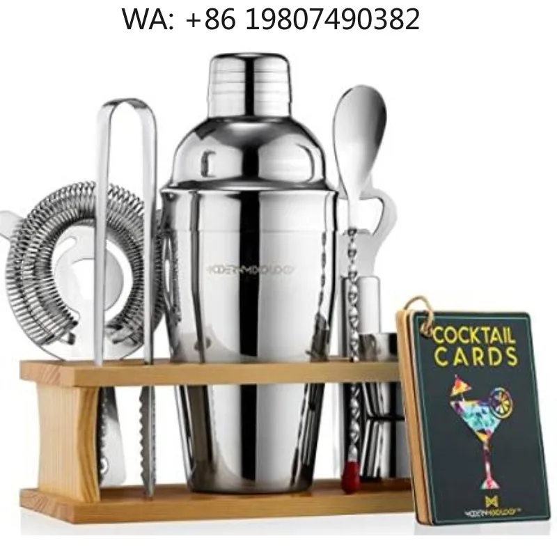 Wedding Bamboo Stand Bartender Supply Kit, 8Pcs Stainless Steel 750ml Boston Cocktail Shaker Stirrer Matini Mixing Tools