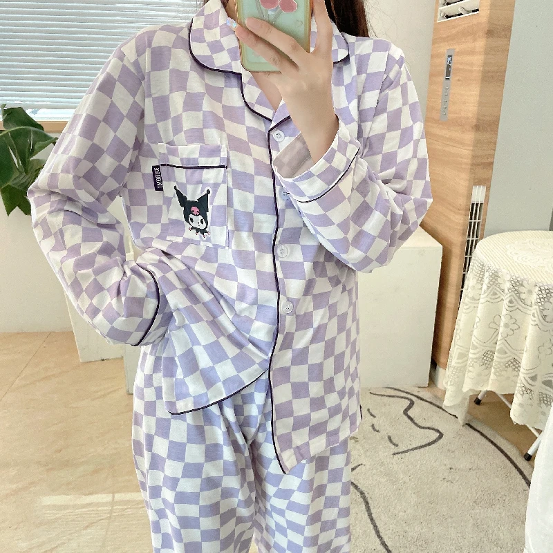 Sanrio Cartoon Pink Checkerboard Plaid My Melody Kuromi Pajamas Spring Cotton Long-Sleeved Kawaii Girls Casual Home Clothes Suit