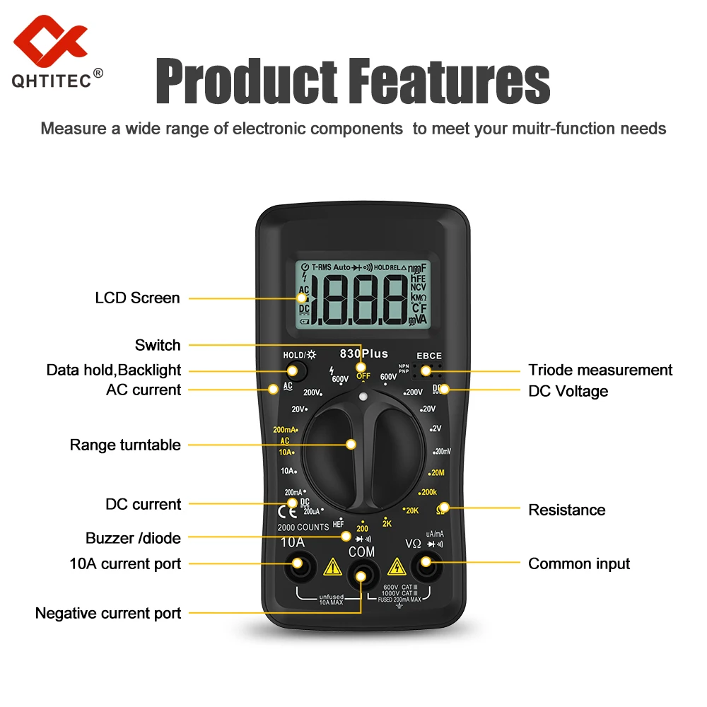 QHTITEC Digital Multimeter AC/DC Votage Current Automatic Tester 2000 Counts True RMS Ohm Ammeter Capacitance Meter 830Plus