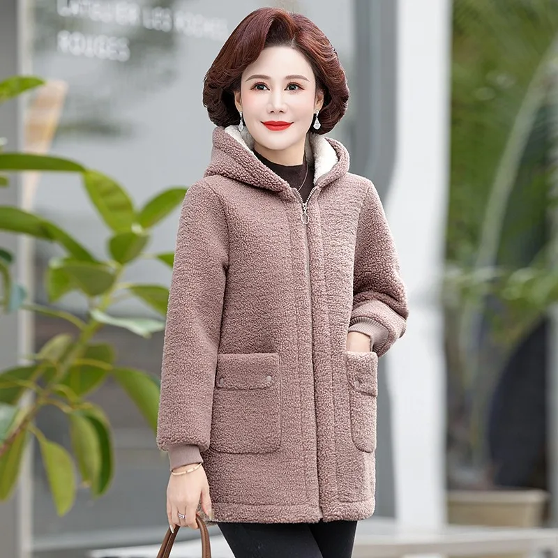 New Mom Winter Jacket Women's Fur Lambswool Grain Fleece Casual Warm Cotton Coat Hooded 5XL Size Outerwear Parker Female