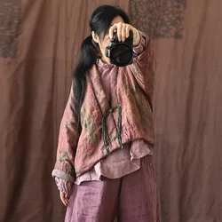 Women Casual Padded Jackets New Arrival 2024 Winter Vintage Style Floral Print Loose Female Thick Cotton Linen Coats M187