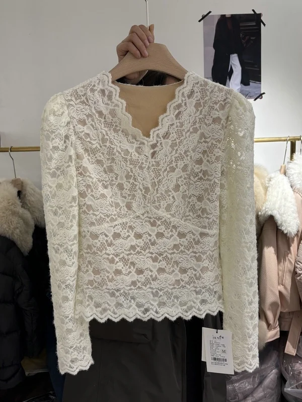 

Кружевная рубашка Pure Desire Style с V-образным вырезом, на раннюю весну, с коротким или длинным рукавом, женский топ во французском стиле, прямого кроя, из других материалов