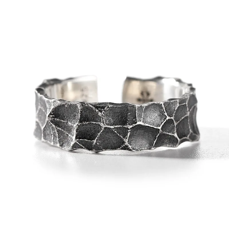 Stone Pattern Ring for Men and Women New Fashion Crack Style Retro Finger Jewel 925 Silver Plated Opening Adjustable