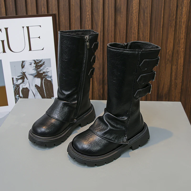 Girls Mid-calf Boots Fashion Children Long Boots Simple Thick Bottom Classic Kids Catwalk Leather Boots Winter Warm Girls Shoes