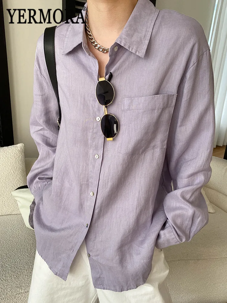 YERMORA Purple Linen Back Slit Brief Casual Blouse For Women Lapel Long Sleeve Loose New Shirt Fashion Tide Spring Summer 2026
