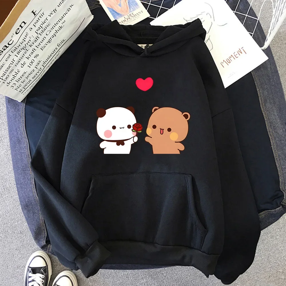 Bubu Is Giving Rose To Dudu Hoodies Kawaii Panda and Bear Sweatshirt with Hooded Fleece Women Clothing Y2k Pullover Kpop Casual