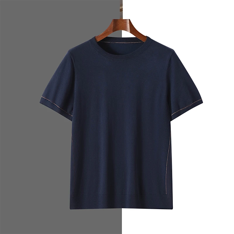 Summer 2025 New Lyocell Men's Round Neck Knitted Shirt Short Sleeved T-Shirt With Gold Border Pullover Loose High-End Base Shirt