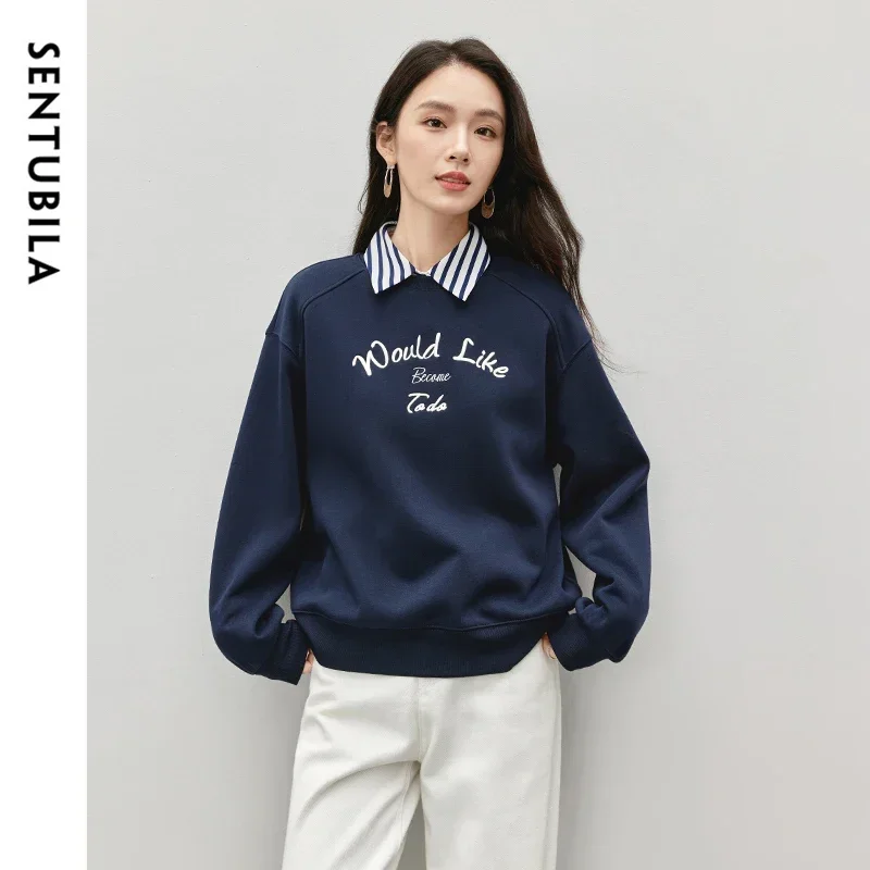 

SENTUBILA Casual Sweatshirts For Women Cotton 2025 Autumn Embroidery Commute Loose Knit Letter Thick Pullovers Tops 144A57206