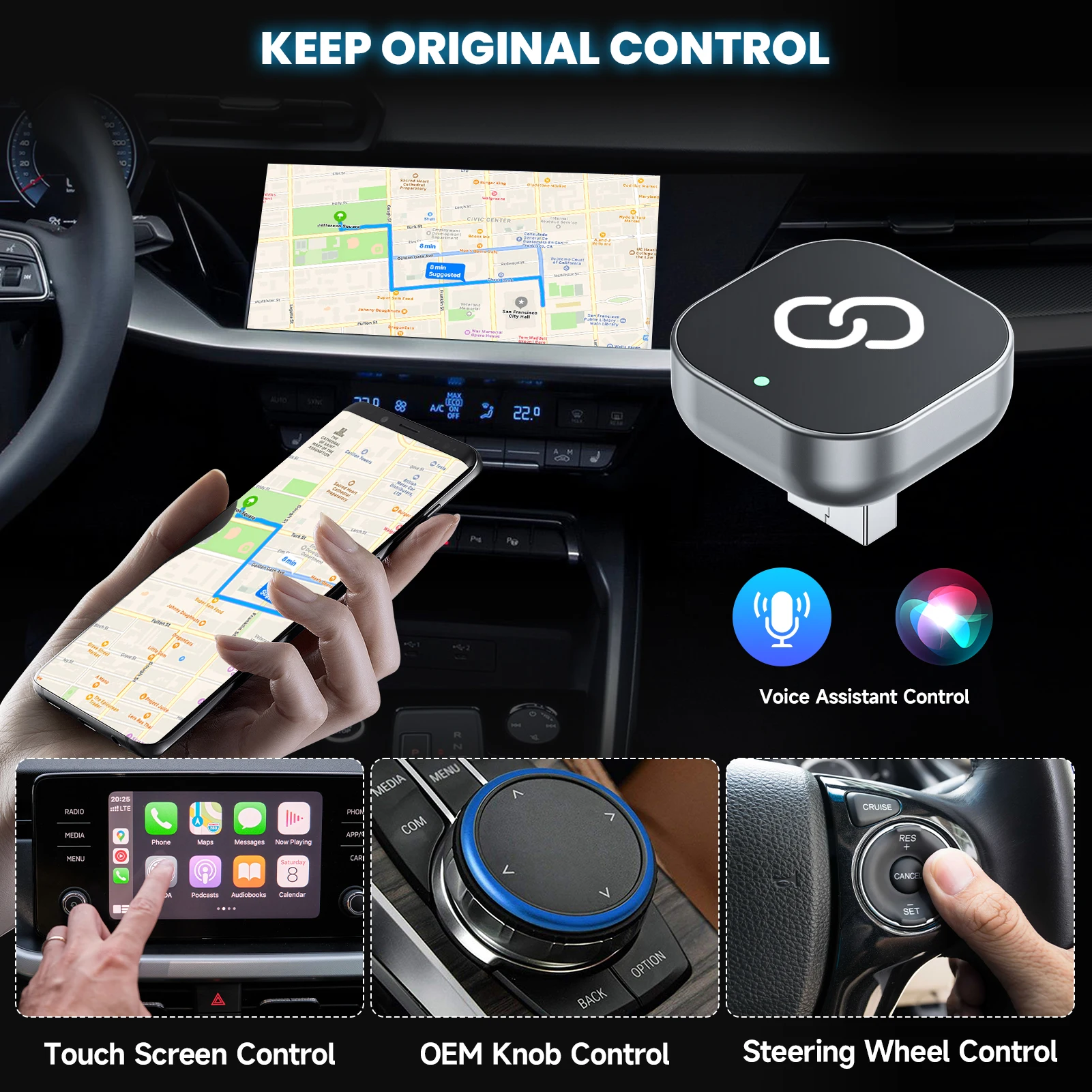 2 in 1 Wireless CarPlay Adapter Plug & Plug Auto Connect No Delay Converts Wired to Wireless Compatible for iPhone & Android