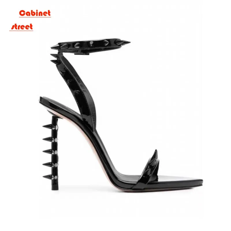 

New High-heeled Pointed Metal Rivets One-line Buckle Special Shape with Cross-border Large Size Gold Open-toed Sandals Women
