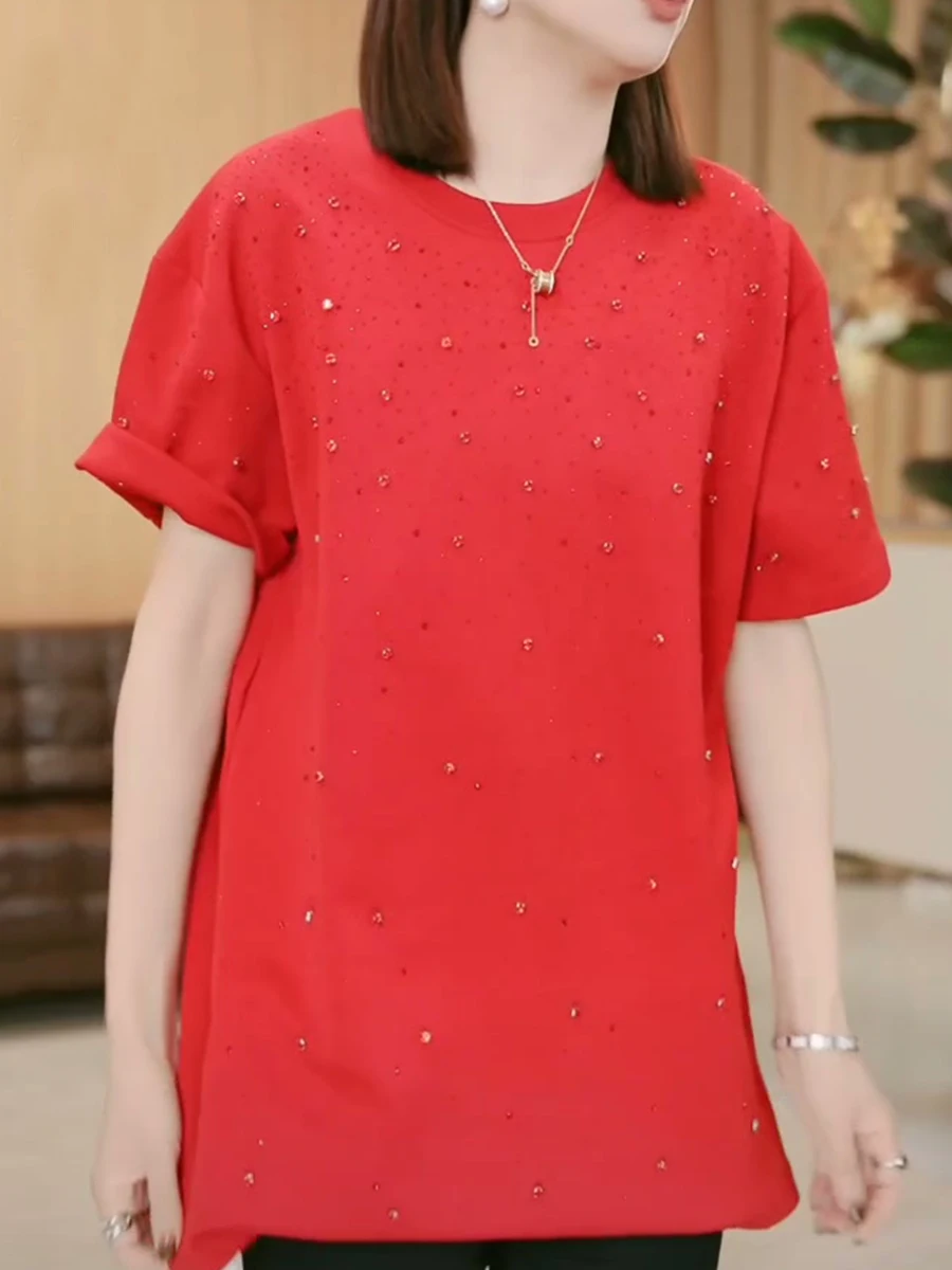 

Korean Sle Heavy Bead Casual Mid-Length T-irt Women's Spring New round Ne ort Sve Loose oulder Top Ladies' Faion