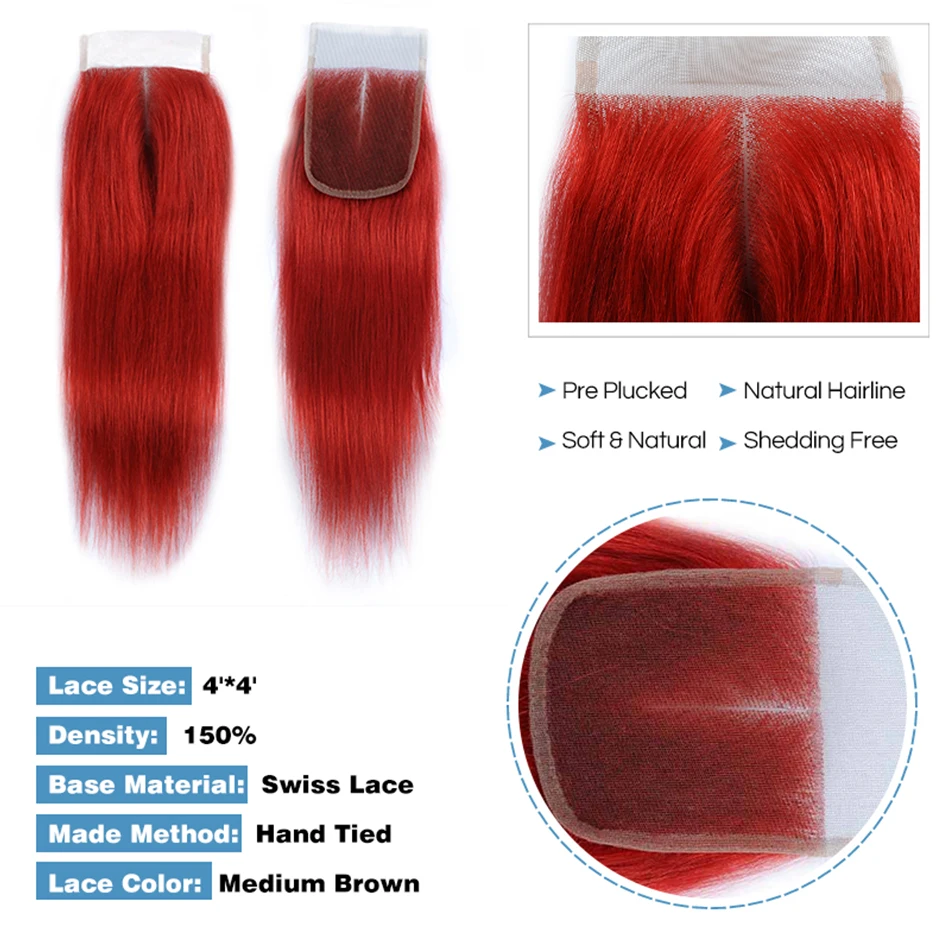 Mechones rectos rojos con cierre 4*4 con pelo de bebé tejido de cabello humano brasileño de encaje transparente 4 mechones con cierre de encaje
