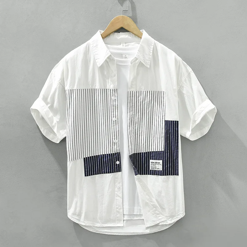 

2710 Summer Fashion Short Sleeve Striped Patchwork Chic Men's Casual Loose Shirts 100% Cotton Premium Vintage Blouses Daily Tops