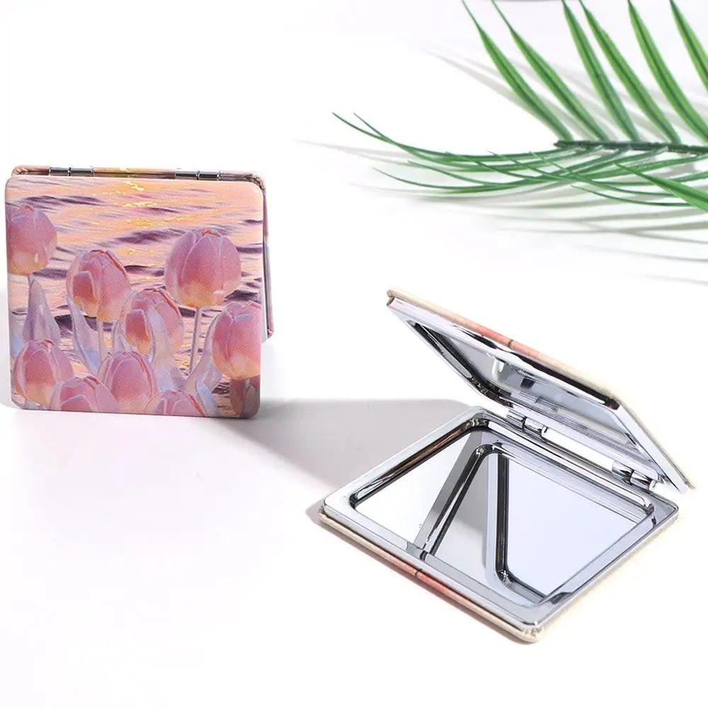 Portátil Flower Folding Makeup Mirror, Handheld Tulip 2-Face Square, Espelho de bolso portátil para as mulheres, bonito