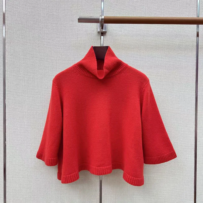 Women's sweater New elastic knitted slim fit short sleeved top for autumn 2026 Wool blend high neck pullover short tops Knitwear