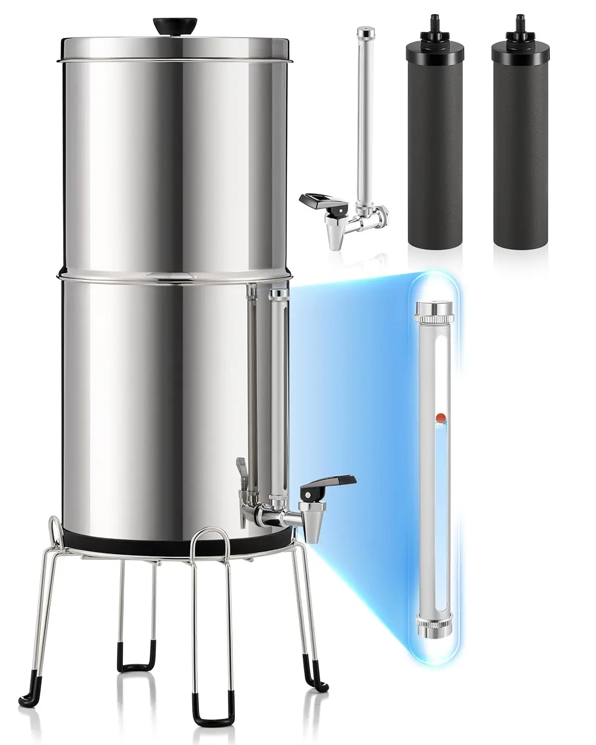 Filter System, 2.25 gal UV Countertop Filtration System, Stainless Steel Water Purifier with 2 Carbon Filters