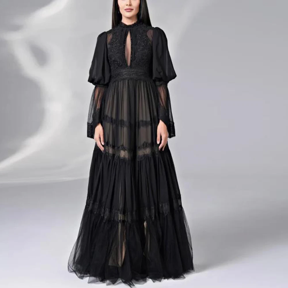 Customized Keyhole Bell Sleeve Maxi Length Evening Dress Lace Appliques Ruffles Wedding Party Gown Pleat A Line Black Gowns