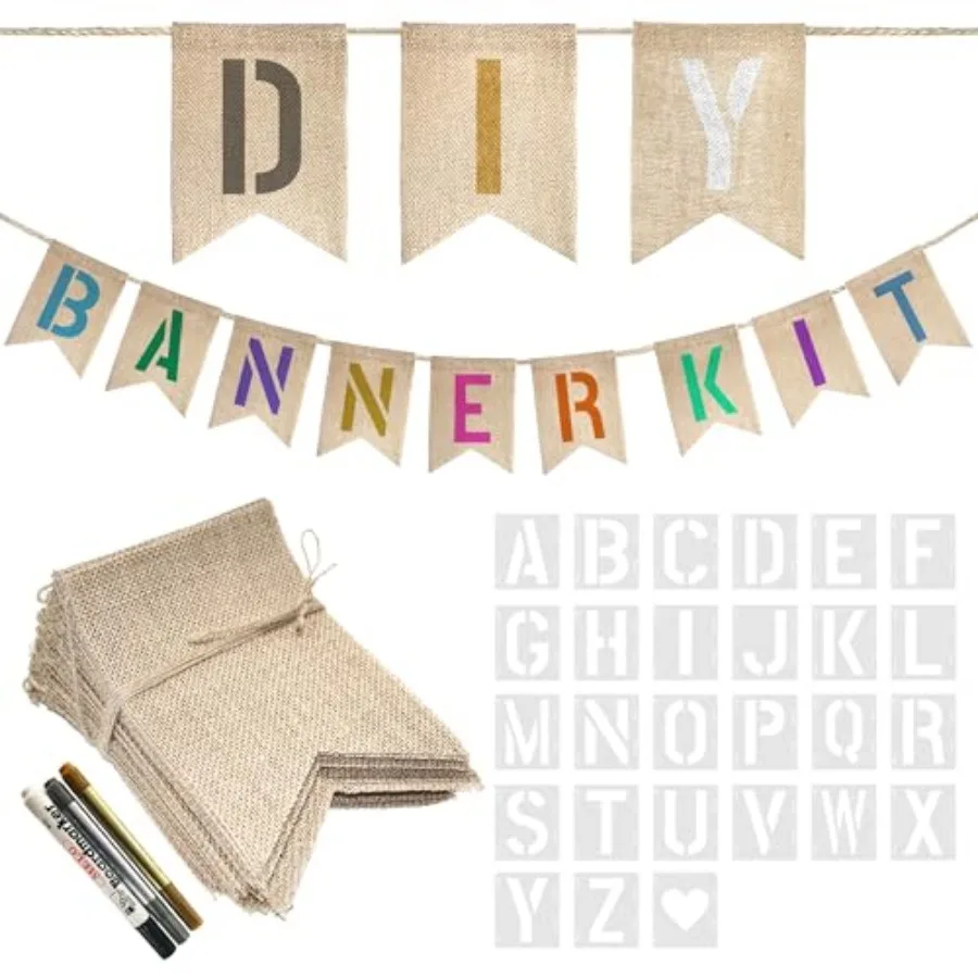 

20 PCS Burlap Banner with 27 PCS Letters Stencil DIY Customizable Birthday Party Banners Decorations for Wedding, Camping