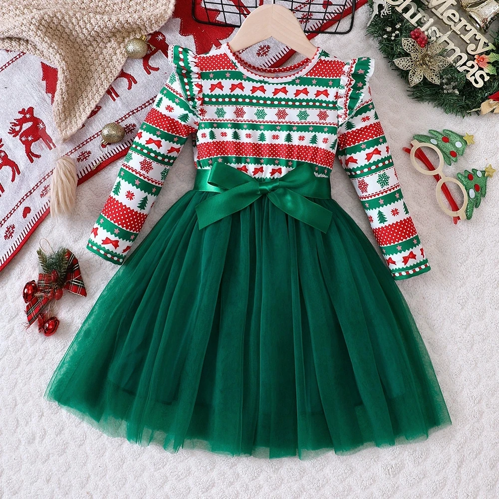 Kids Girls' Christmas Dress Long Sleeve Outfits Toddler Girl Winter Clothes Baby Party Dress Sheer Tulle For 2 3 4 5 6 7 Years