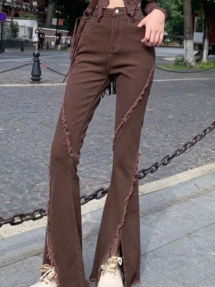 

Jeans Women Flare Slit Raw Edge Fashion Trousers Autumn All-match Full Length High Waist Elegant Solid Harajuku Frayed Slim 2023