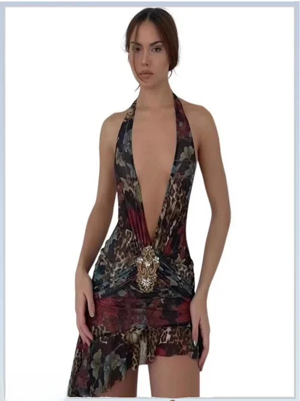 Jaded London Sexy taglio basso V Ne stampato Sa Hanging Ne Bal Dr Stampa floreale retrò da donna Svel Midi Dr