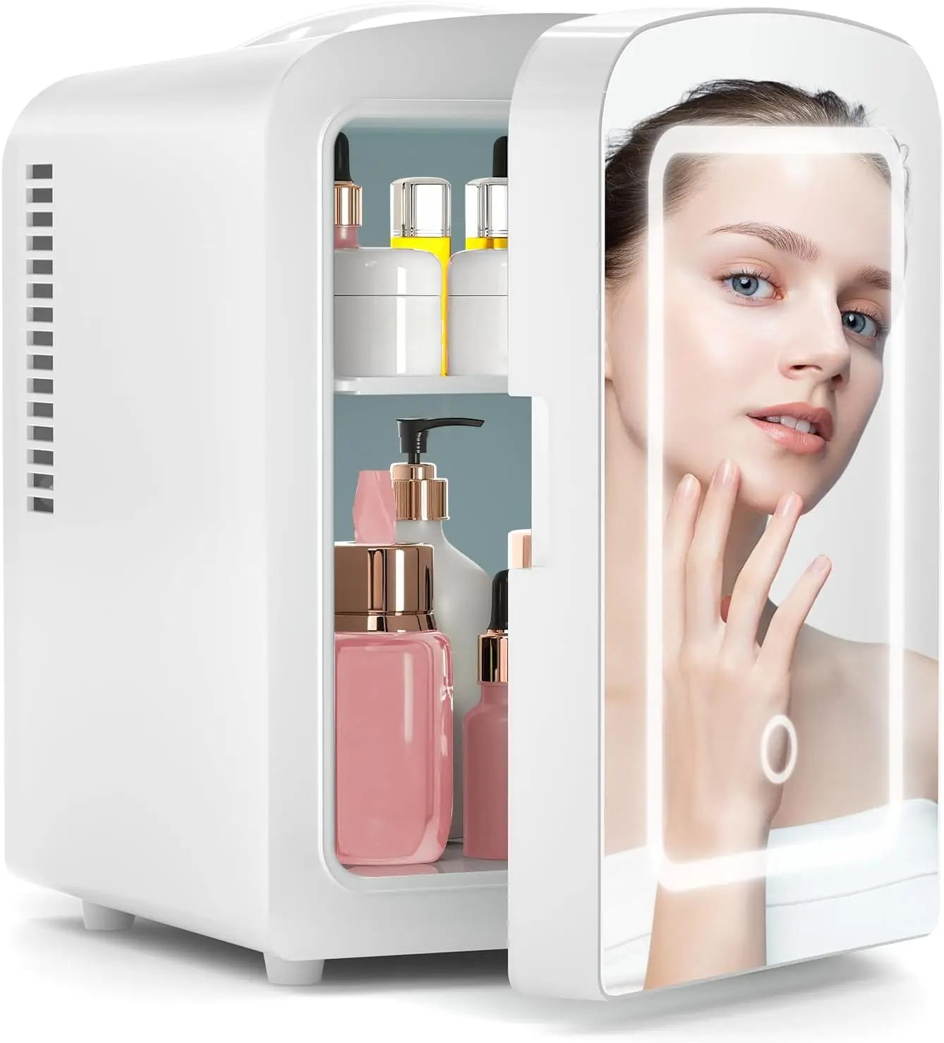 

Mini Fridge with Dimmable LED Mirror, 4L Portable Cooler for Skincare, Cosmetics, Drinks, Bedroom, Dorm, Car