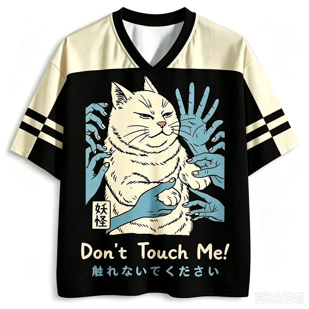 Japanese Ukiyo-e Monster Cold-hearted Cat 3Dprint Breath Quickdry MenVneck LooseTshirt Outdoor Street Fashion Parent-child Cloth