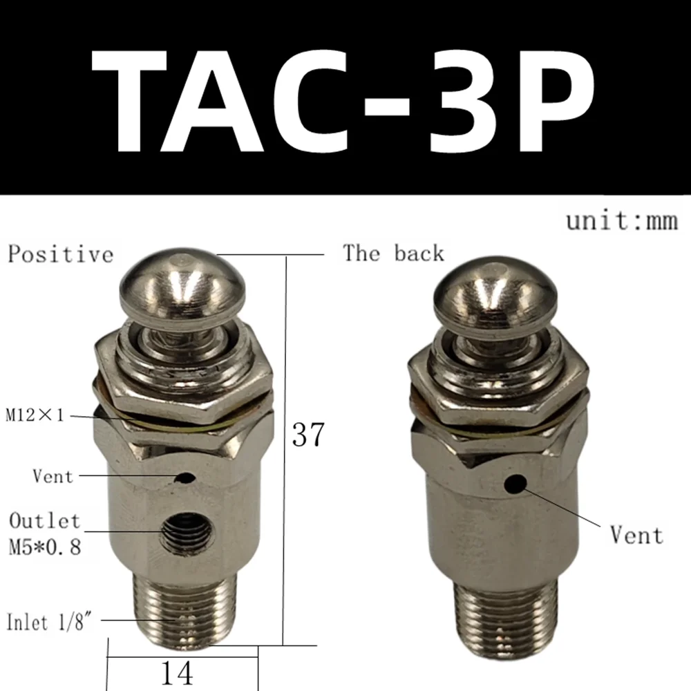 TAC-3P Air Pneumatic Mechanical Exhaust Valve 2 Position 3 Way with M5 Female And 1/8' Male Thread Button Switch Valves for Pneu