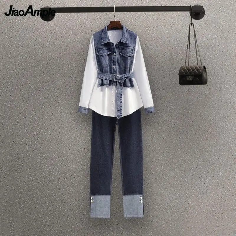 Women\'s Spring New Casual Blouse Denim Pants Matching Set 2024 Korean Elegant Chic Fake Two Piece Long Sleeved Top Jeans Suit