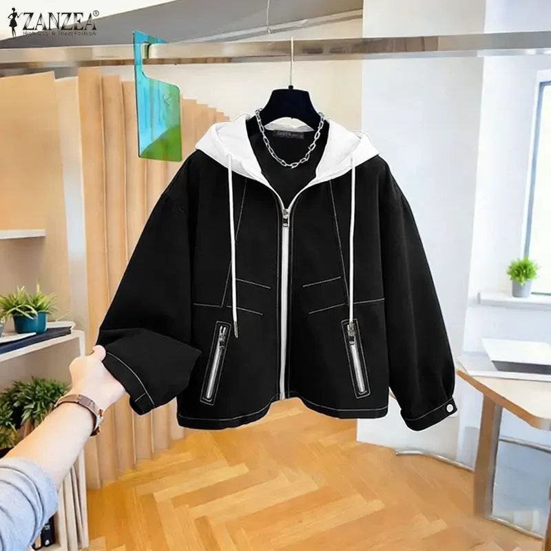 

ZANZEA женские модные куртки осенние толстовки с длинными рукавами пальто с капюшоном на молнии повседневные свободные лоскутные толстовки большого размера женские