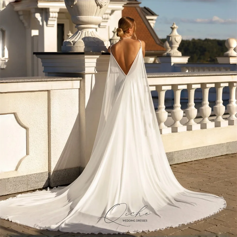 Suknie ślubne QICHE, urocze, z dekoltem w serek, o kroju syreny, na ramiączkach spaghetti, z odkrytymi plecami, suknia ślubna z peleryną, Vestidos De Novia, szyte na miarę.