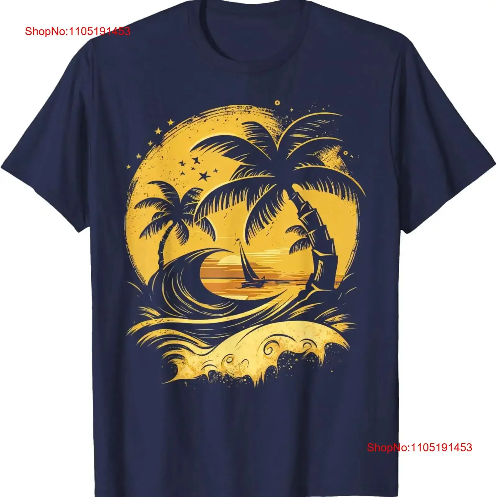 

Tropical Palm Trees with Sailboat Beach Island Sunset T Shirt vintage Washed Slightly Stretched Casual streetwear Unisex