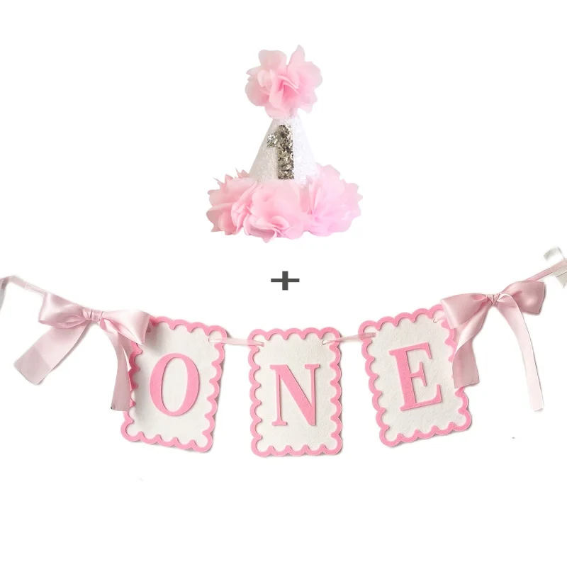 1PC Baby Shower Girl Pink Non tessuto ONE seggiolone Banner First Boy Birthday Blue Flag Glitter White Party Hat