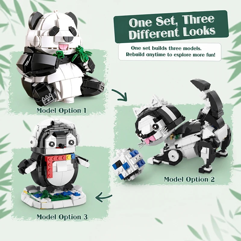3-in-1 Animal Building Blocks Set Panda Giraffe Penguin Elephant Micro Bricks DIY Assembly Kit Desktop Home Decor for Kids 3+