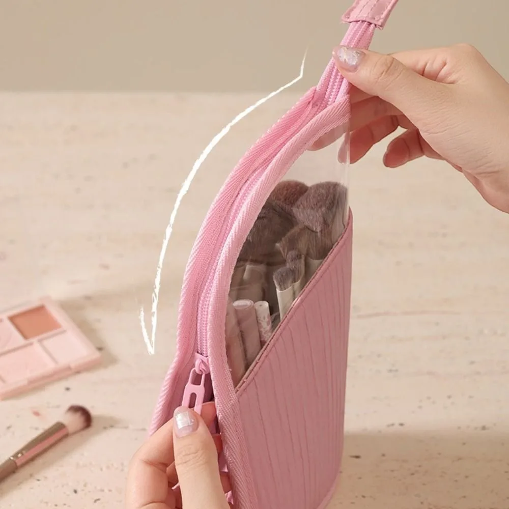 Multifunctional Makeup Bag Portable Semi Transparent Cosmetic Bag Standing Zipper Closure Makeup Brush Organizer