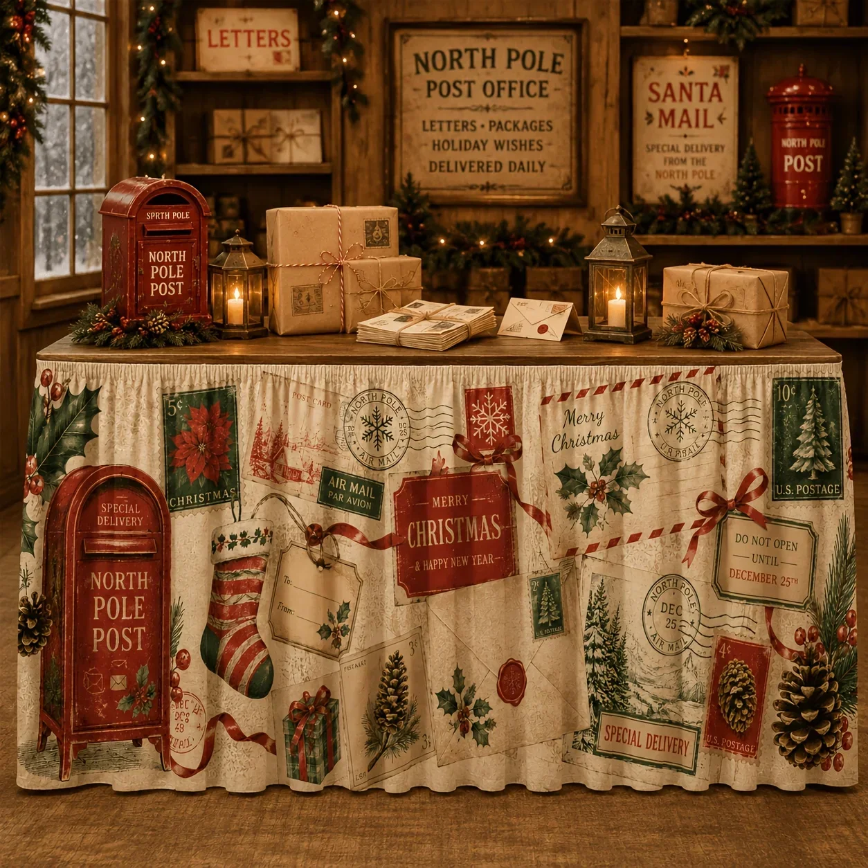 One table flag table skirt, retro Arctic post office stamp envelope long stockings pinecone holly pattern tableclothxzj