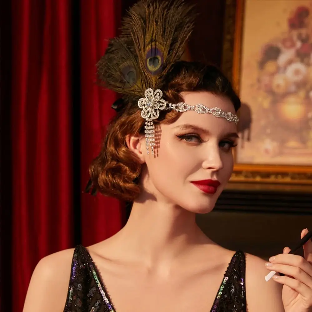 

Trendy Vintage Feather Headband Elegant 1920s Masquerade Hair Band Diamond Makeup Party Cosplay Dress Headwear Girls