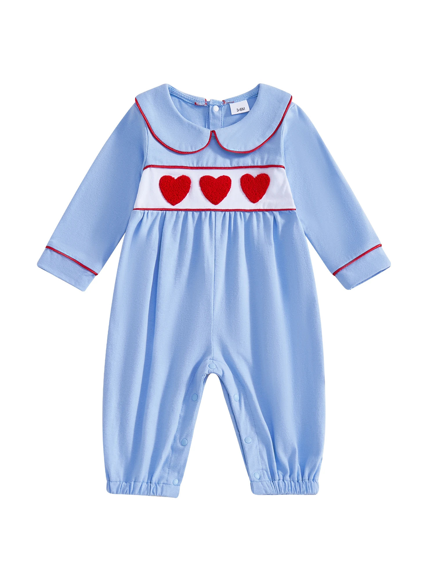 

Adorable Baby Boy Romper with Long Sleeves and Sweet Heart Embroidery Doll Collar Design Perfect for Spring Outfits