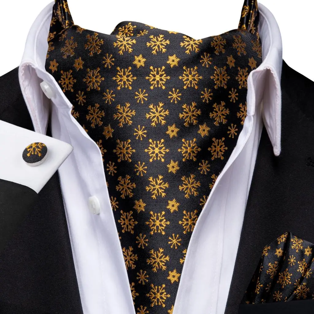 

Hi-Tie Black Silk Brand Men Elegant Christmas Ascots Jacquard Hankerchief Cufflink Vintage Cravat Scarf Xmas Gift For Male Party