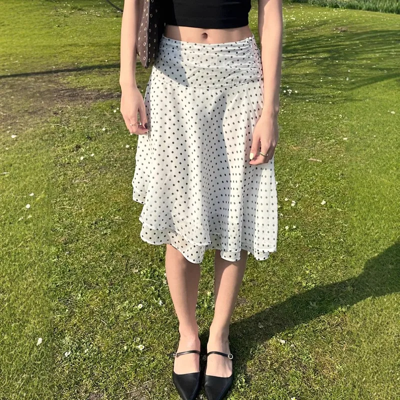American Temperament Pleated Polka Dot Splicing Medium and Long A-shaped Skirt