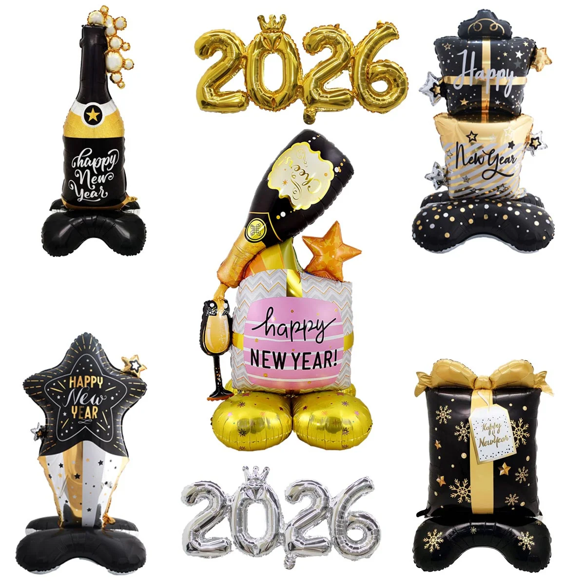 58 Zoll Ständer Sockel Happy New Year Theme Geschenkbox Champagnerflaschenform Folienballons 2026 Neujahrsdekorationen Navidad Decor