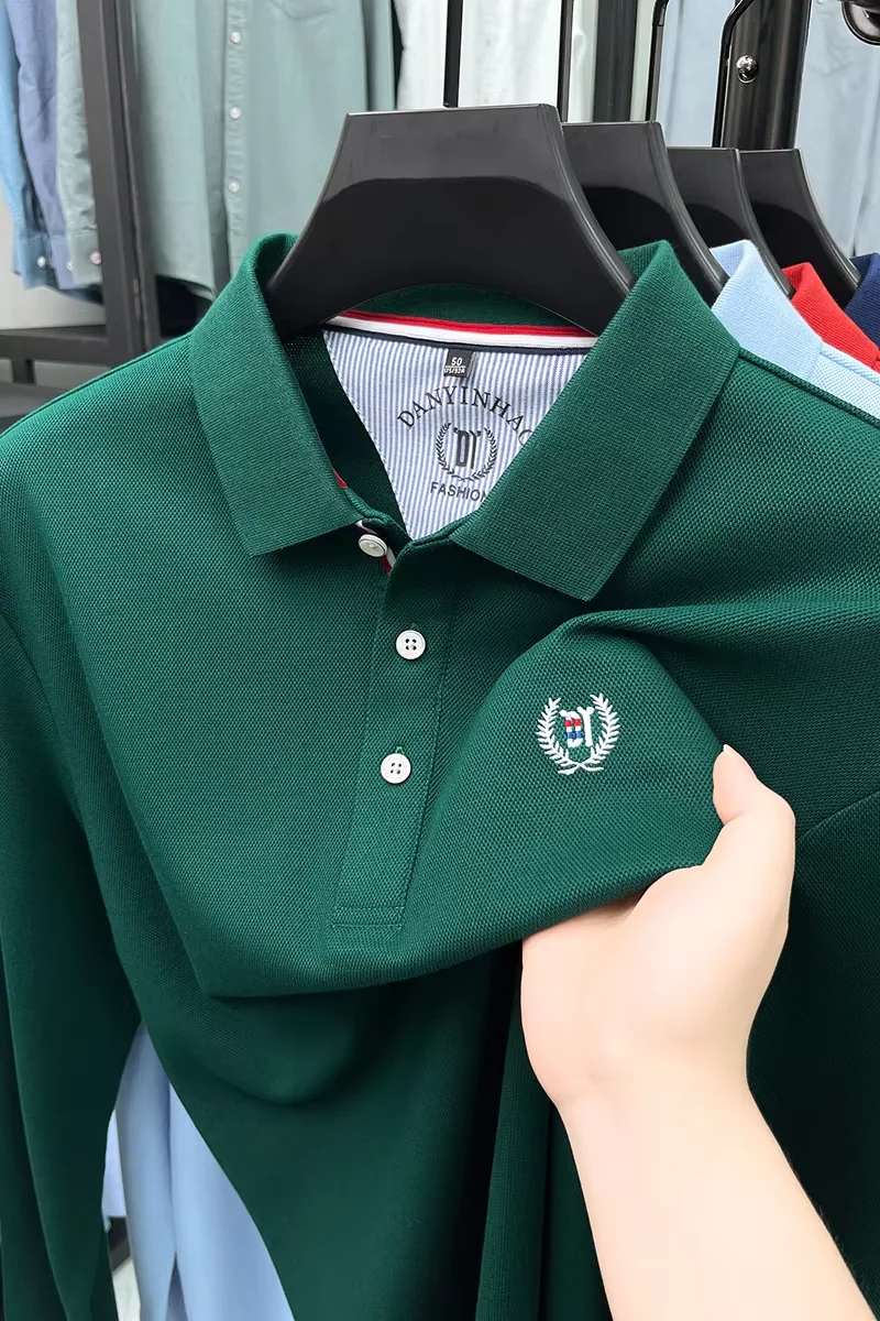 Luxury brand exquisite embroidery men's polo shirt long sleeved autumn 2024 new silk cotton business casual Flip collar T-shirt