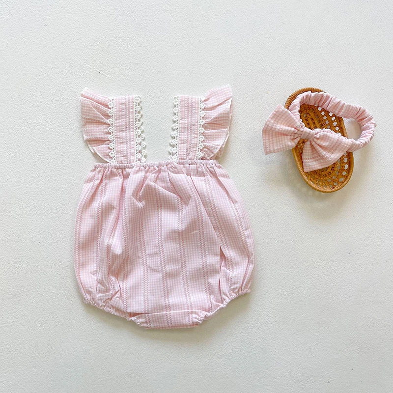 Summer Baby Girls Clothing Toddler bodysuit Plaid Embroidery Flower Jumpsuit with Headband