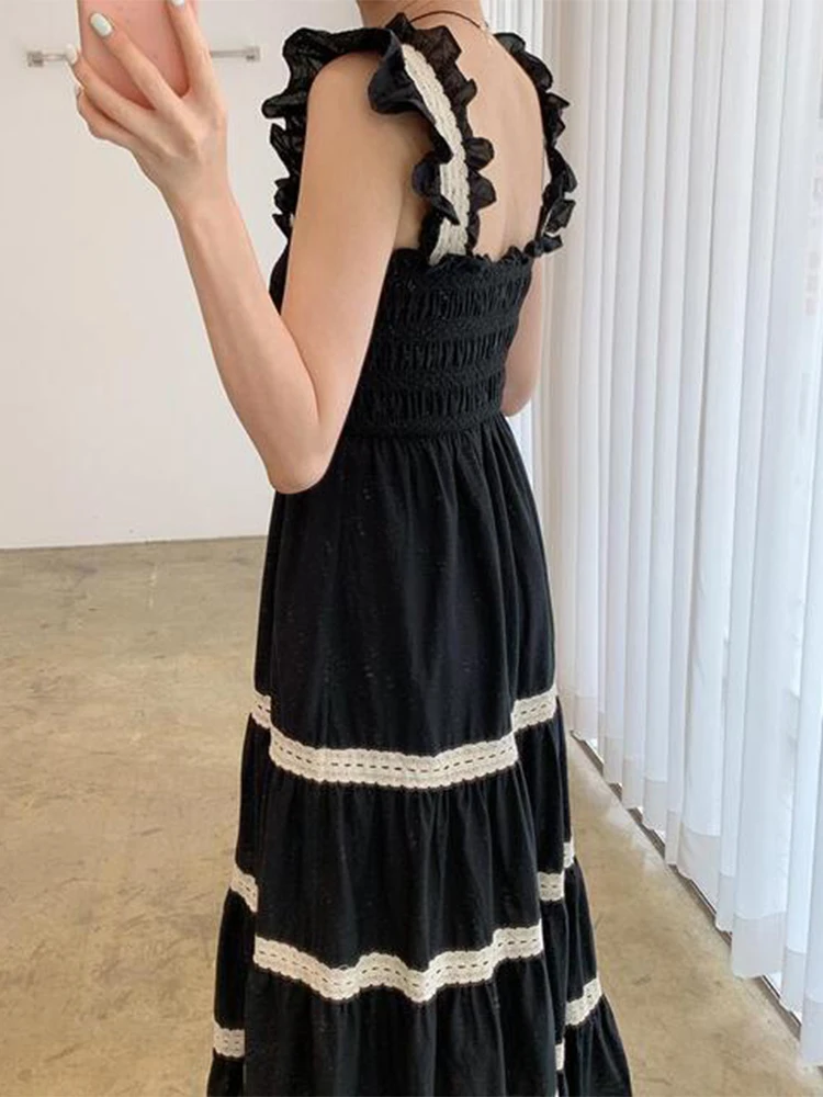 Vestido de Verano E Vintage Antienvejecimiento con Cuello Cuad, Cintura Ajustable con Cordón, Bloques de Color, Ri...