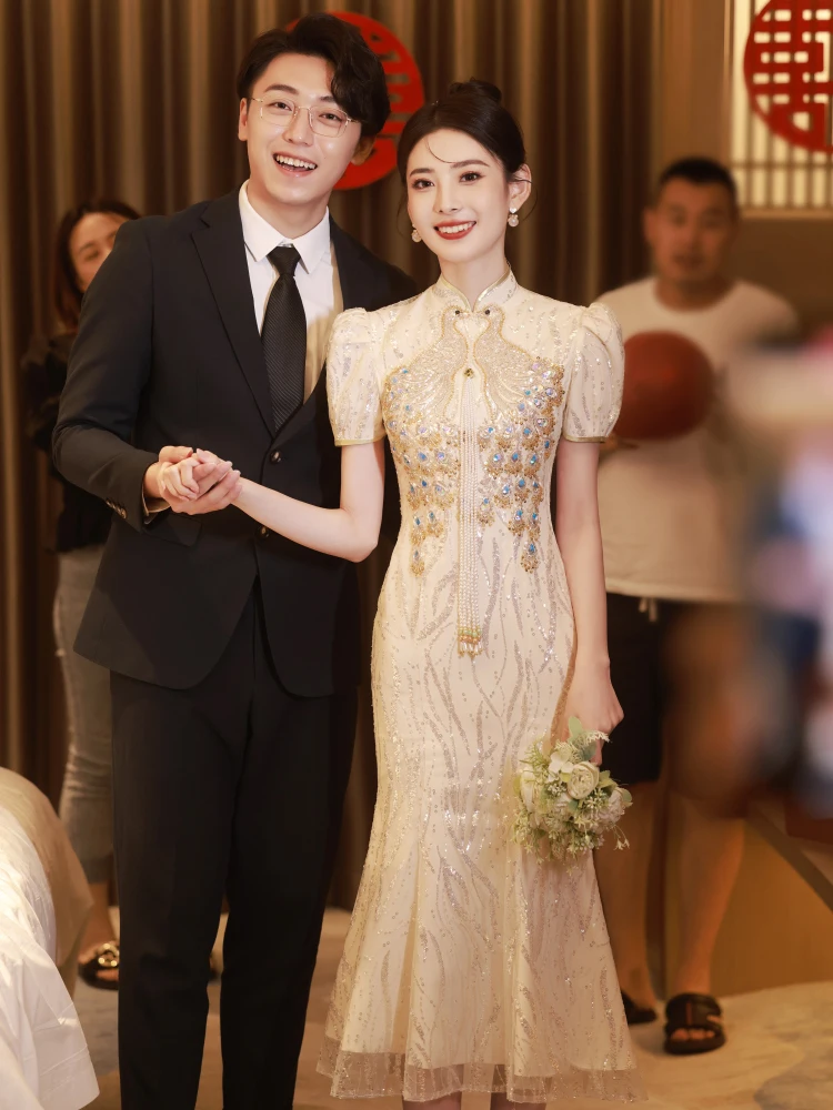 

Champagne Color Fi Tail Wedding Dr Engagement Ceremony ort Sve mid Waist Vintage Sle Pure Color Fem Costume